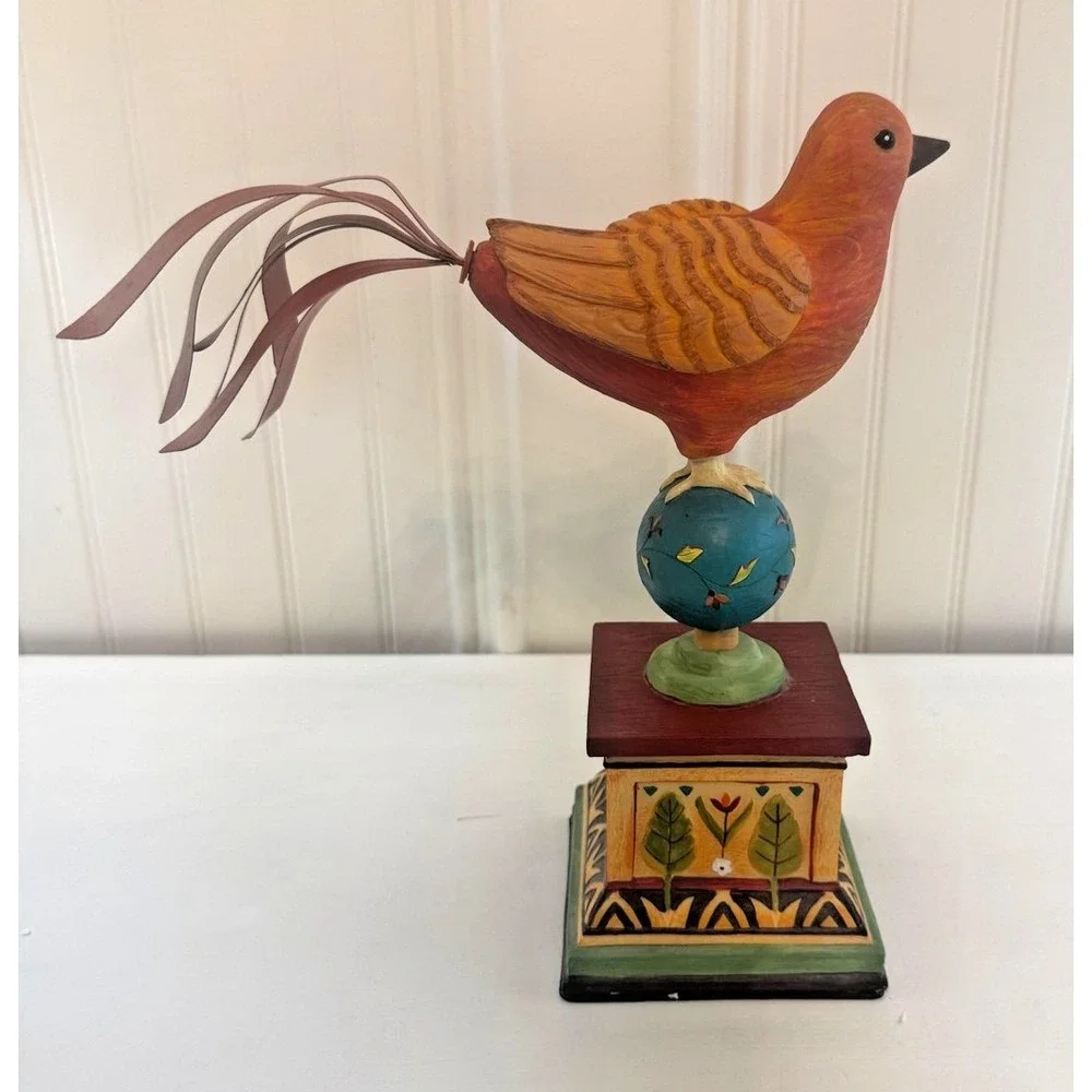 Fitz And Floyd Global Market Bird Figurine Folk Art Mixed‎ Materials Wooden Base